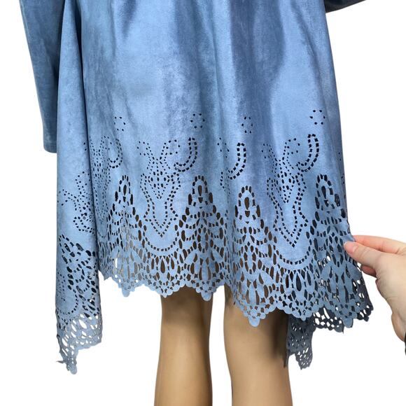 Alberto Makali Light Blue Faux Suede Laser Cut Waterfall Flyaway Cardigan SZ L - Picture 6 of 13